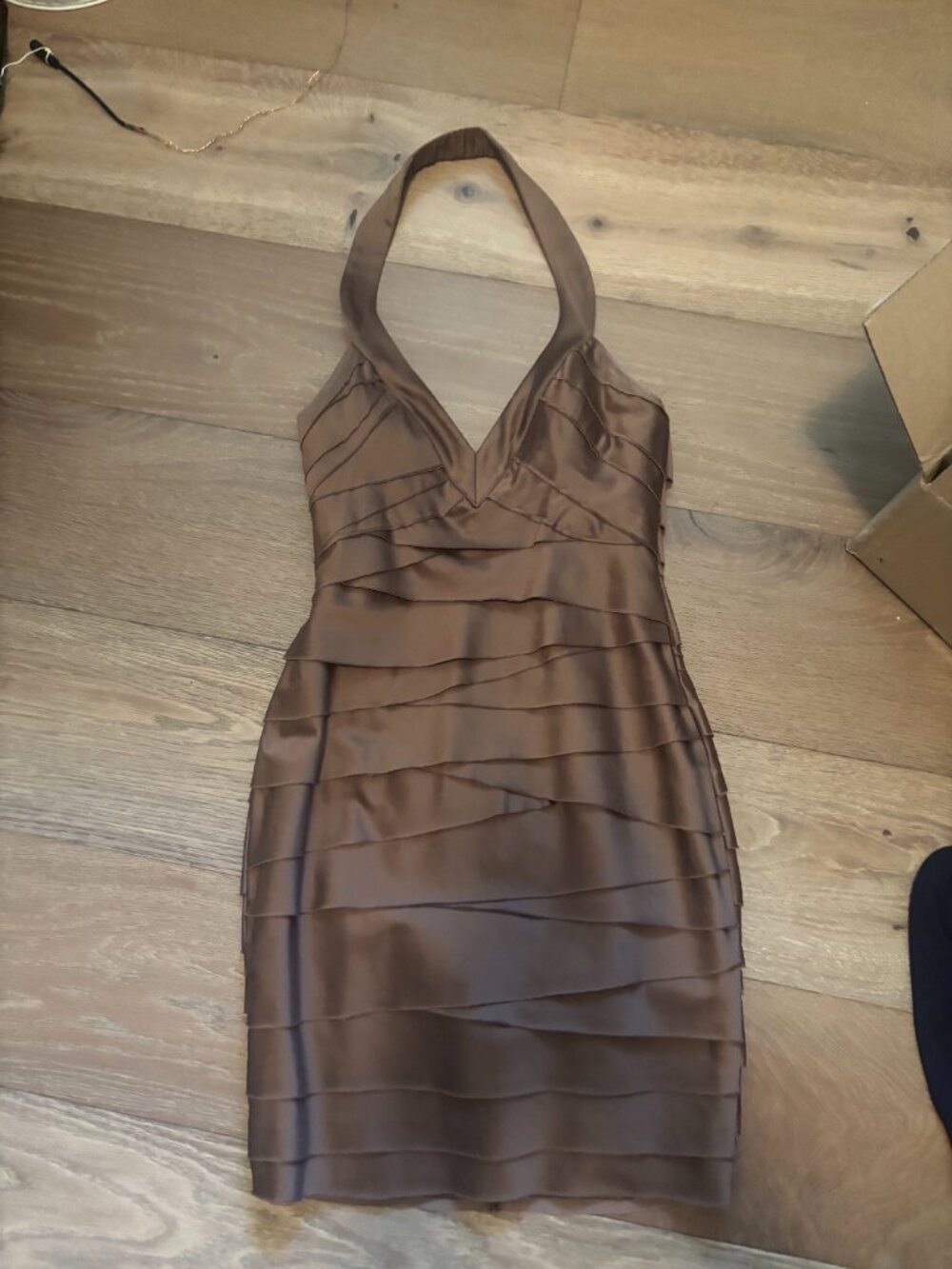 Bebe Brown Satin Halter Bodycon Dress XS Ruched Cocktail Party Mini Dress